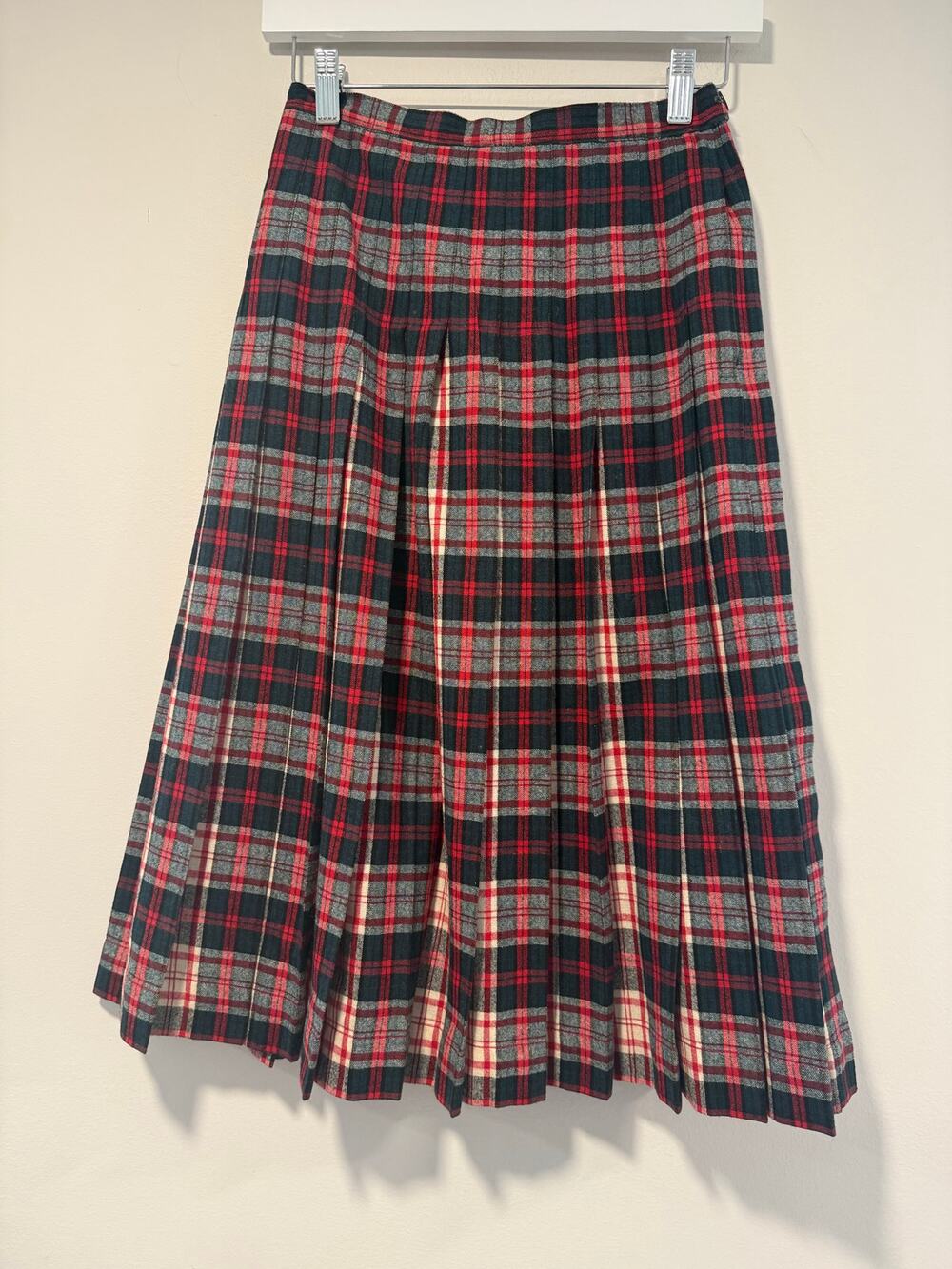 Vintage Plaid Reversible Midi Skirt Pleated Wool Red Cream Green Size Small JL